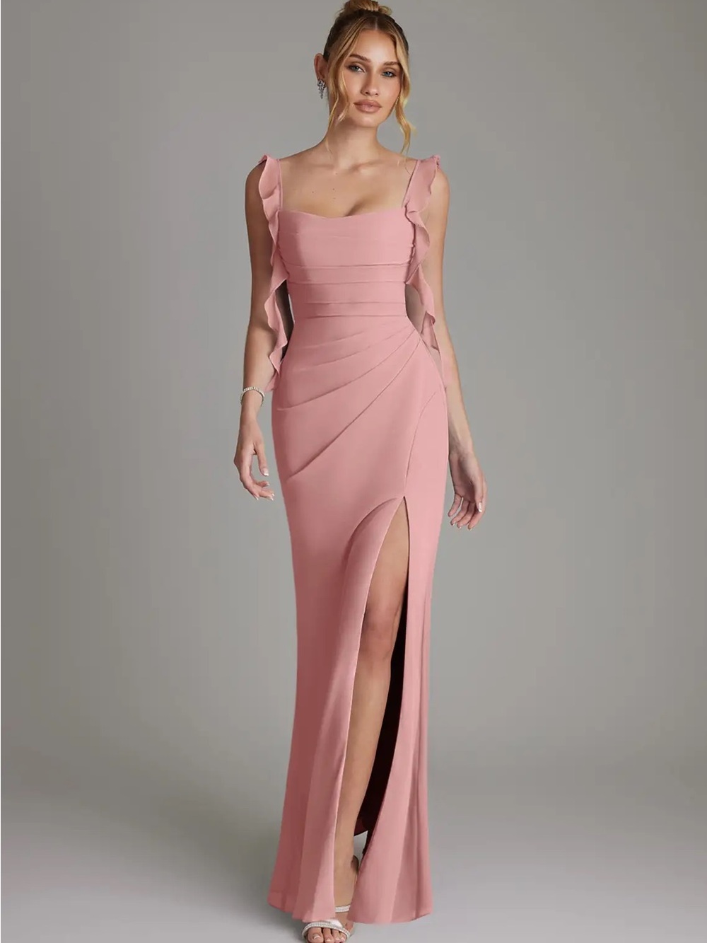 Azazie Jessamine Gown - Sleeveless Ruffle Strap Pink Evening Gown with Side Slit